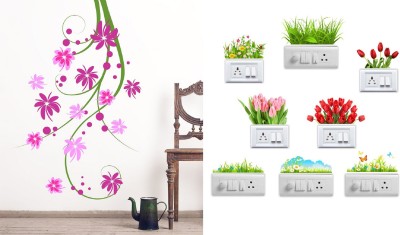 Walltech 36 cm Tulip vine With Free Flowers Switch Board Sticker Self Adhesive Sticker(Pack of 2)