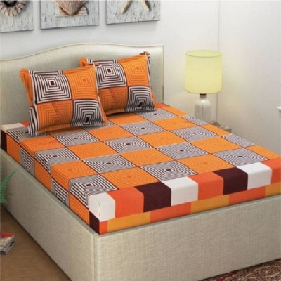 Panipat Textile Hub 140 TC Microfiber Double 3D Printed Fitted & Flat Bedsheet(Pack of 1, Orange)