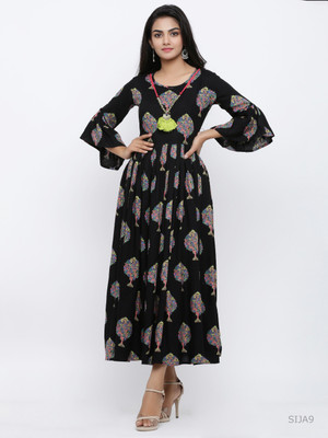 Yash Gallery Women Printed Flared Kurta(Black)