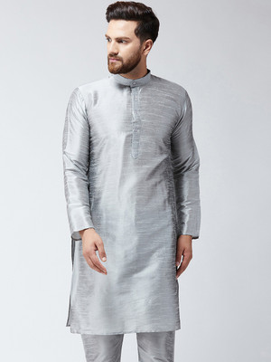 Pintrest Men Self Design Straight Kurta(Silver)