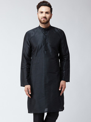 Pintrest Men Self Design Straight Kurta(Black)