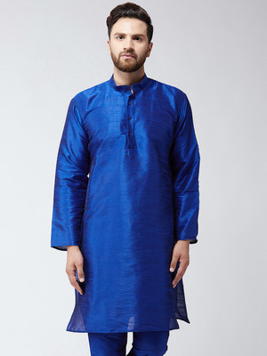 Pintrest Men Self Design Straight Kurta(Blue)