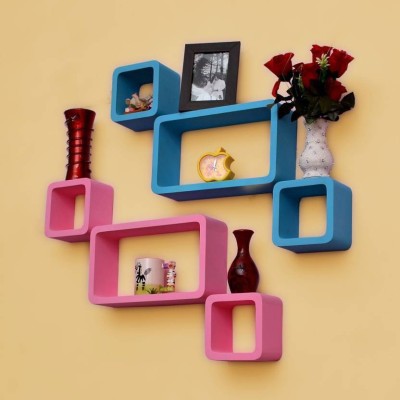 OnlineCraft wooden rack shelf Wooden Wall Shelf(Number of Shelves - 6, Blue, Pink, Multicolor)