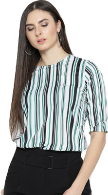 Style Quotient Casual 3/4 Sleeve Striped Women White, Green Top