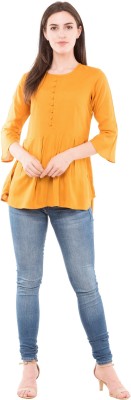 AANIA Casual Bell Sleeve Solid Women Yellow Top