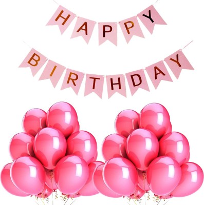 Pixelfox Happy Birthday Banner (Pink) + 50 Metallic Balloons (Pink)(Set of 51)