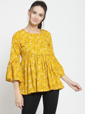 ZARVEY Casual Bell Sleeve Printed Women Black, Yellow Top