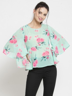 ZARVEY Casual Flared Sleeve Printed Women Pink, Light Green Top