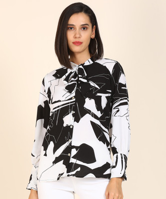 AND Casual Cuffed Sleeve Printed Women White, Black Top