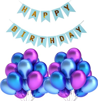 Pixelfox Happy Birthday Banner (Sky Blue) + 50 Metallic Balloons (Blue, Purple)