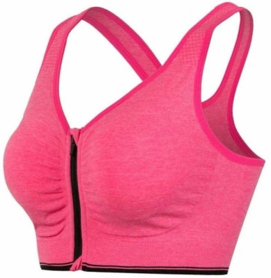 VOYARGE Running Bra Front Zipper Push Up Compression Women Sports Lightly Padded Bra(Pink)