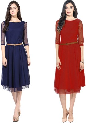 Trendz Creation Women Fit and Flare Red, Blue Dress