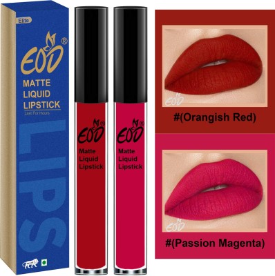EOD Soft Matte Kiss Proof Vegan Made in India Liquid Lipstick Long Wearing Set of 2 Lip Gloss Set no 03(Orangish Red, Passion Magenta, 6 ml)