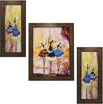 Indianara Dancing Girls Digital Reprint 13 inch x 22.2 inch Painting(With Frame, Pack of 3)
