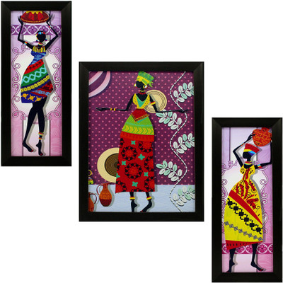 Indianara Tribal Village Women Digital Reprint 13 inch x 10.2 inch Painting(With Frame, Pack of 3)