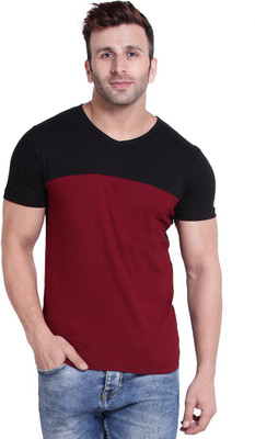 Weft Color Block Men V Neck Maroon T-Shirt