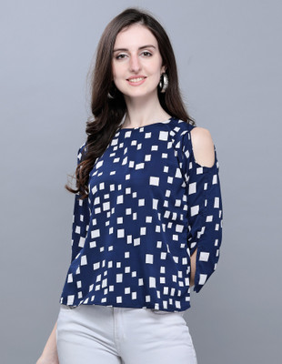 Selvia Casual Cold Shoulder Printed, Geometric Print Women White, Blue Top