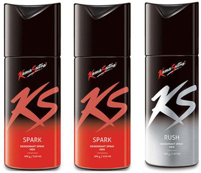 Kamasutra SPARK 150 ML 2PC & RUSH 150 ML 1PC 3PC SET Deodorant Spray  -  For Men(450 ml, Pack of 3)