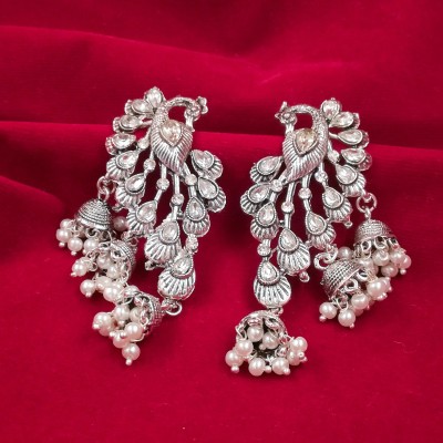 Saizen Peacock Earring Silver Stone Pearl Jhumki for Women and Girls Alloy Drops & Danglers