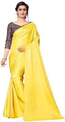 NplashFashion Solid/Plain Bollywood Silk Blend Saree(Yellow)