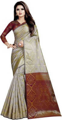 Hinayat Fashion Woven Banarasi Silk Blend Saree(White)