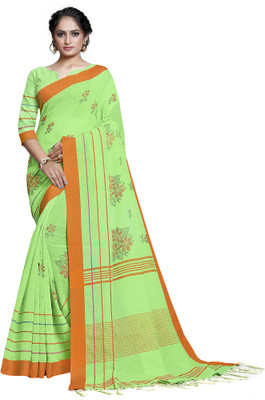 Ratnavati Embroidered, Striped, Geometric Print Handloom Cotton Blend, Cotton Linen Saree(Green, Orange)