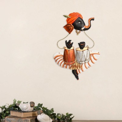 Flipkart Perfect Homes Musician Ganesha Playing Tabla Wall Hanging Decorative Showpiece  -  40 cm(Iron, Orange, Black, Silver)