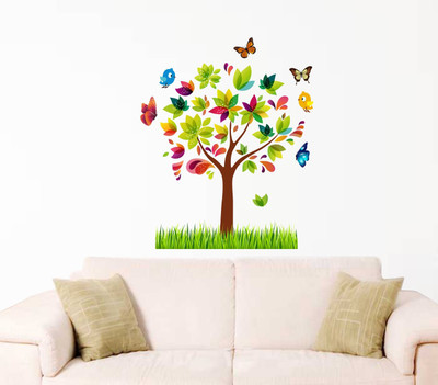 Decal O Decal 110 cm ' Colorful tree with birds and Butterfly ' Wall Stickers Self Adhesive Sticker(Pack of 1)