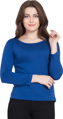 Kissero Solid Women Round Neck Blue T-Shirt