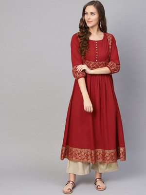 Varanga Women Printed A-line Kurta(Maroon)