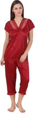 Camfoot Women Solid Maroon Top & Pyjama Set