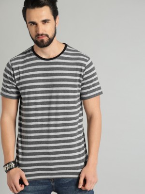 Roadster Striped Men Round Neck Grey T-Shirt