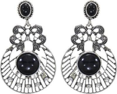 I Jewels Oxidized Silver Chandbali CZ Stone Studded Earrings for Women Alloy Drops & Danglers