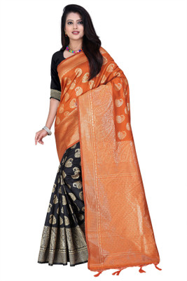 Hensi sarees shop Solid/Plain Paithani Jacquard Saree(Black, Orange)