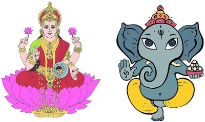 Asmi Collections 40 cm Goddess Lakshmi and God Ganesha Self Adhesive Sticker(Pack of 2)