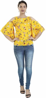 neeah Casual Flared Sleeve Printed Women Yellow Top