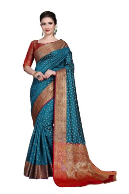 Rola Trendz Embroidered, Woven Kanjivaram Art Silk, Cotton Silk Saree(Dark Blue)