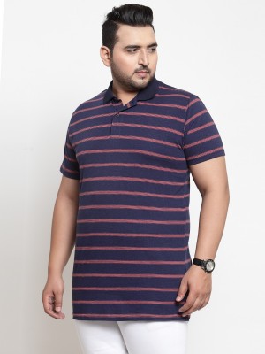 PLUSS Striped Men Polo Neck Blue T-Shirt