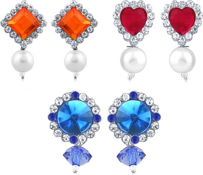 Sukkhi Designer Pearl Rhodium Plated Set Of 3 Pair Drop Earring Combo For Women Alloy Stud Earring