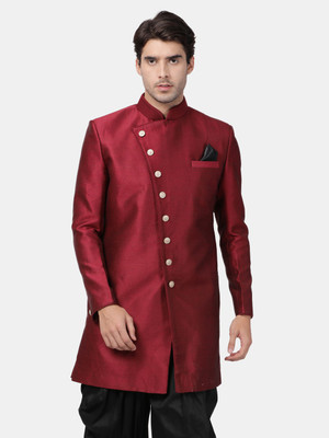 VM VM by Vastramay Men's Maroon Silk Blend Sherwani Only Top Self Design Sherwani