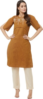 FUSION BEATS Women Embroidered Straight Kurta(Brown)