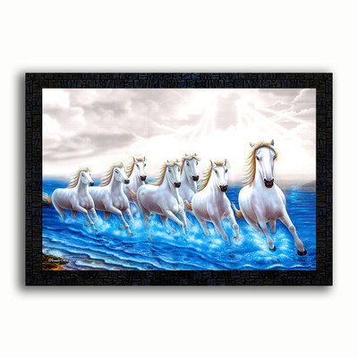 Poster N Frames UV Textured Decorative Art Print of Vastu Seven (7)Running Horse with wooden synthetic frame Digital Reprint 14 inch x 20 inch Painting(With Frame)