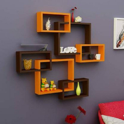 A S Handicrafts Rafuf Intersecting Floating MDF (Medium Density Fiber) Wall Shelf(Number of Shelves - 6, Orange, Brown)
