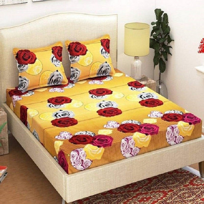 Panipat Textile Hub 140 TC Microfiber Double 3D Printed Fitted & Flat Bedsheet(Pack of 1, Gold)