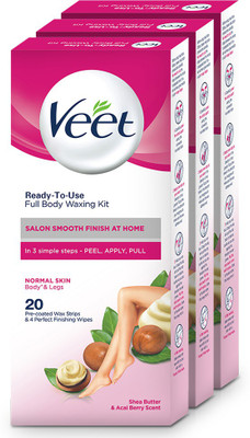 Veet Normal Skin Full Body Waxing Kit Strips(60 Strips, Set of 3)