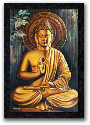 Poster N Frames UV Textured Decorative Art Print of Buddha with wooden synthetic frame Digital Reprint 20 inch x 14 inch Painting