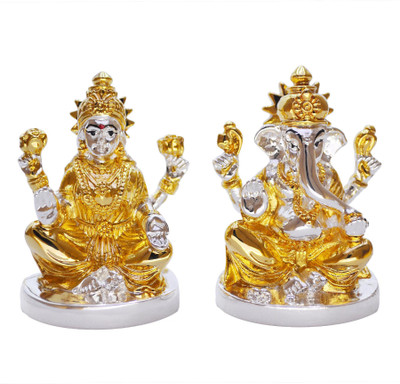 Real Seed Silver & 24K Gold Plated Laxmi Ganesh Statue for Home Temple Decorative Showpiece  -  7.5 cm(Polyresin, Silver)