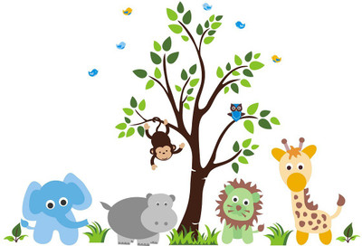 WALLDECORS 91.44 cm TREE WITH ANIMALS STICKER Self Adhesive Sticker(Pack of 1)