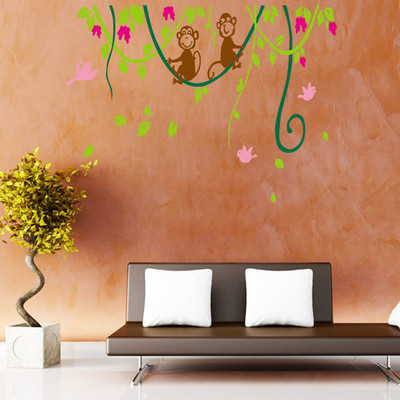 Creatick Studio 61 cm Sitting monkey under tree With bird wall stickers Self Adhesive Sticker(Pack of 1)