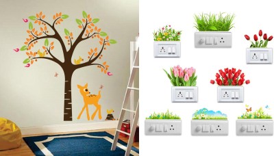Walltech 36 cm elegant orange deer and tree With Free Flowers Switch Board Sticker Self Adhesive Sticker(Pack of 2)